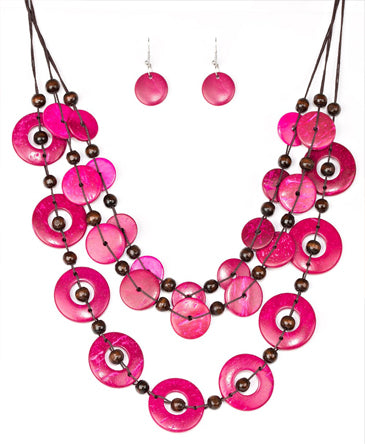 Hot Pink Large Wooden Disc Necklace Set*