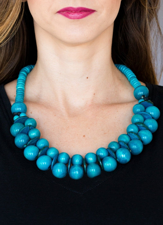 Caribbean Cover Girl Blue Wooden Necklace Set*