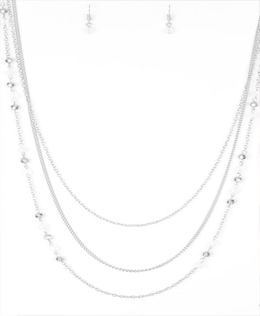 Long Silver Drop-Style Beaded Necklace Set